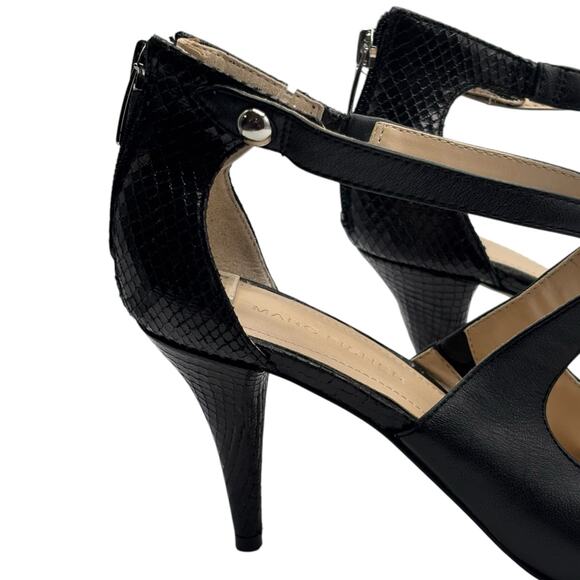 Marc Fisher Black Pointed Toe Heels Strappy Zip Back Stiletto Snake Embossed 8M - Picture 4 of 16